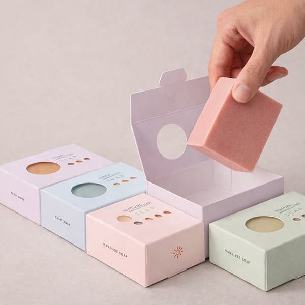 Pastel soap boxes with round windows, one open while a hand lifts out a pink soap bar