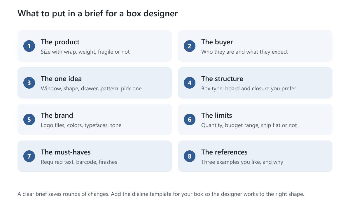 Eight numbered items for a designer brief: product, buyer, one idea, structure, brand, limits, must-haves and references