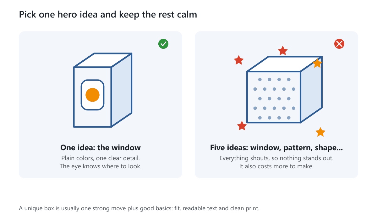 A box with one clear window idea next to a busy box with many effects, showing why one hero idea works better