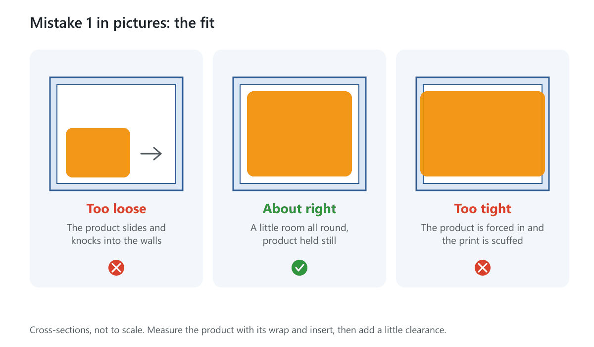 Three cross-sections of a box with a product: too loose, about right and too tight