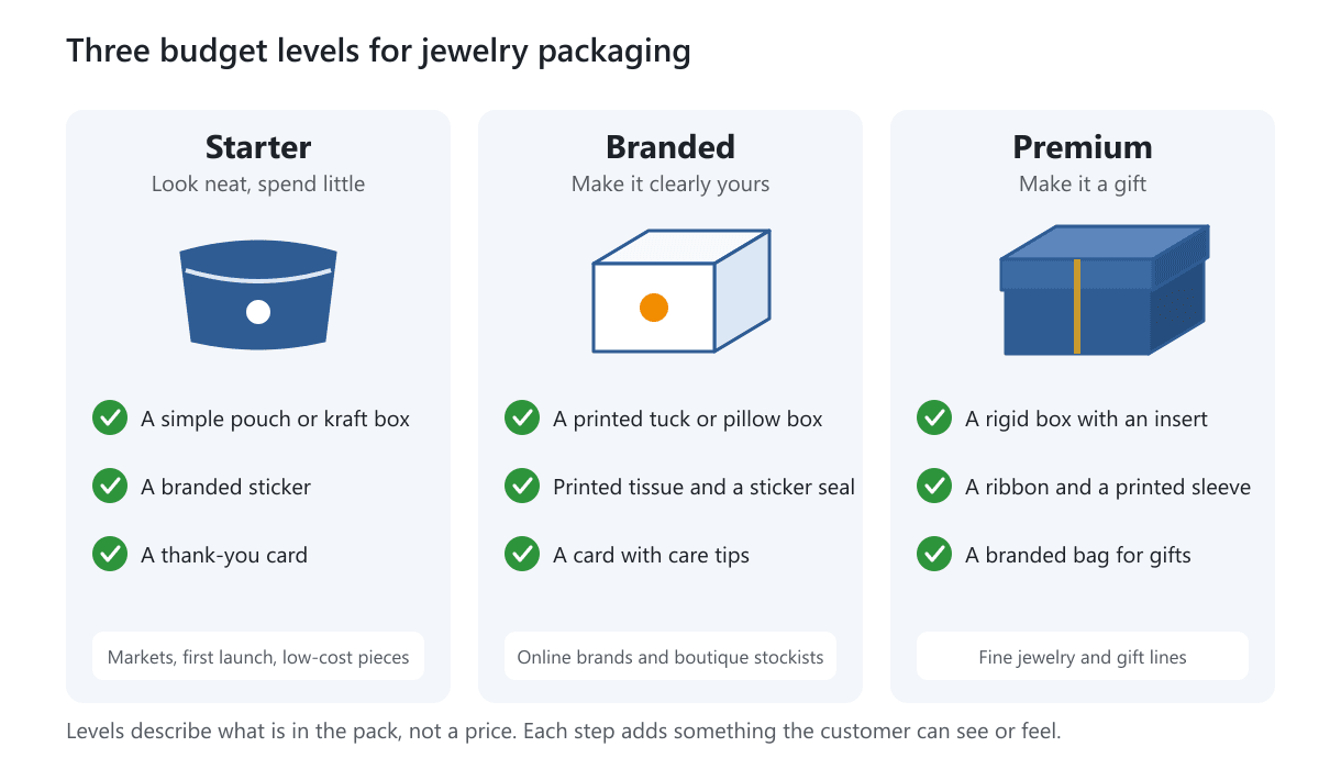 Three budget levels for jewelry packaging: a starter pouch with a sticker, a branded printed box with tissue, and a premium rigid box with a ribbon