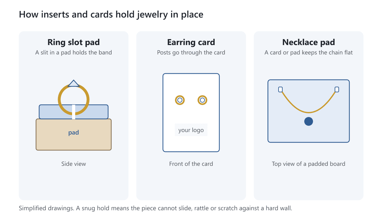Three ways to hold jewelry in a box: a ring slot pad, an earring card and a padded board for a necklace