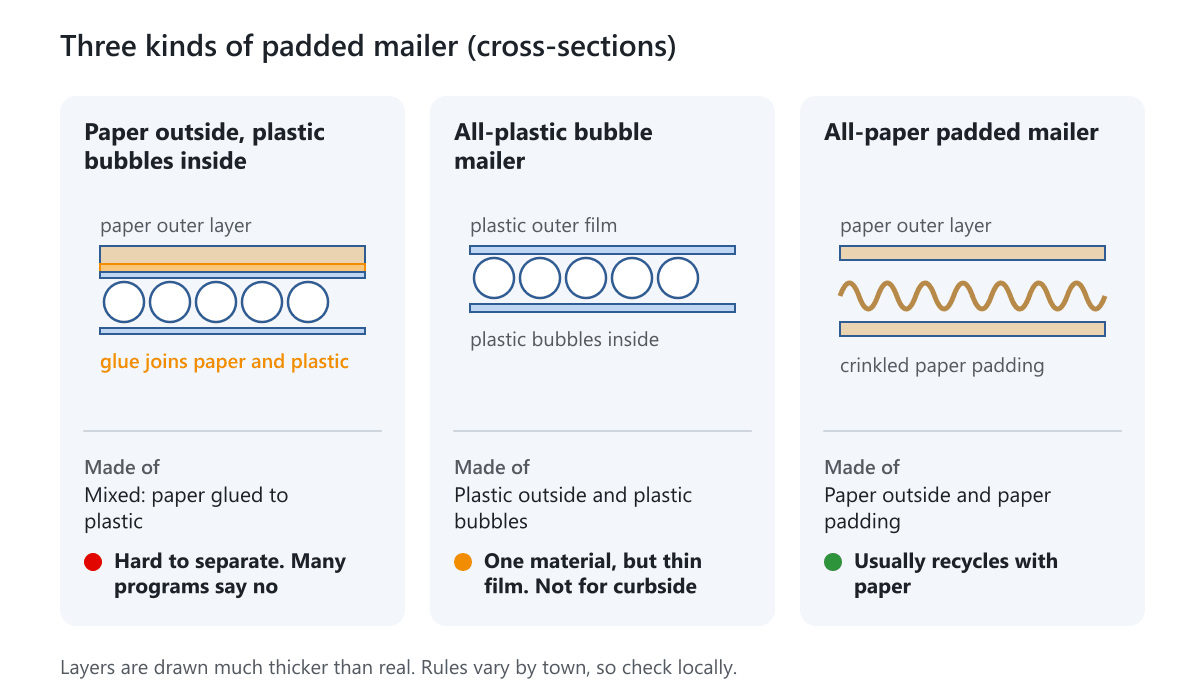 Cross-sections of a paper-outside plastic-bubble mailer, an all-plastic bubble mailer and an all-paper padded mailer