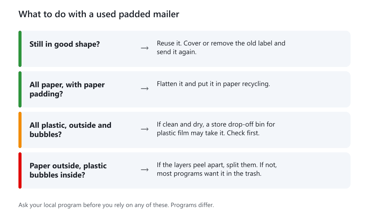 A four-row guide showing what to do with a used padded mailer depending on whether it is reusable, all paper, all plastic or mixed