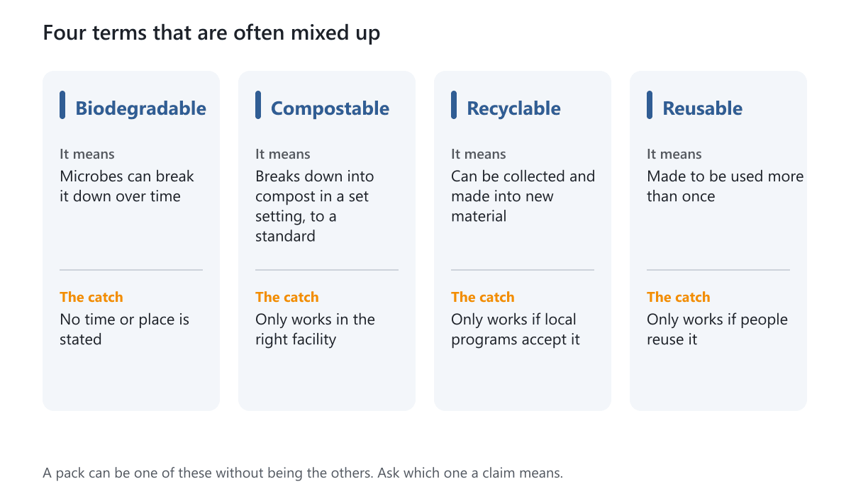 Four cards defining biodegradable, compostable, recyclable and reusable, each with the catch that comes with it