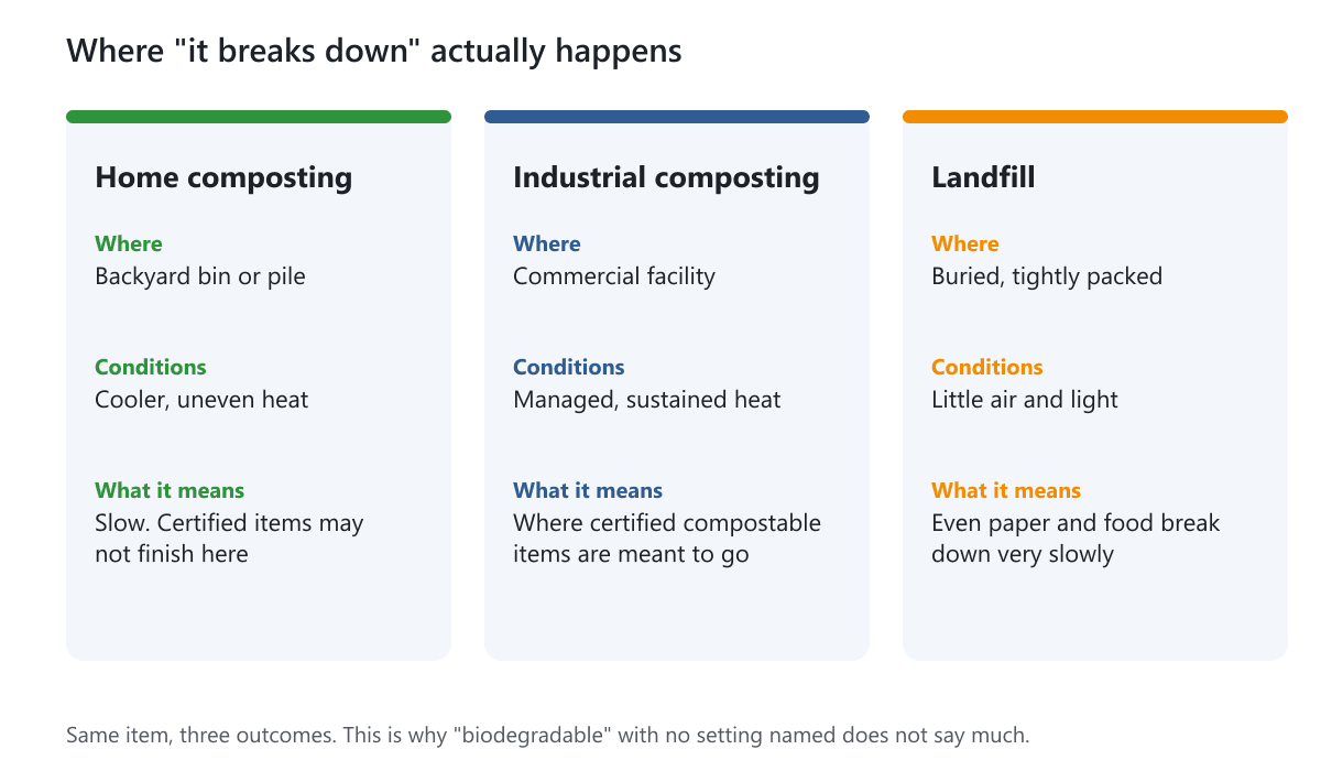 Three columns comparing home composting, industrial composting and landfill by place, conditions and what happens