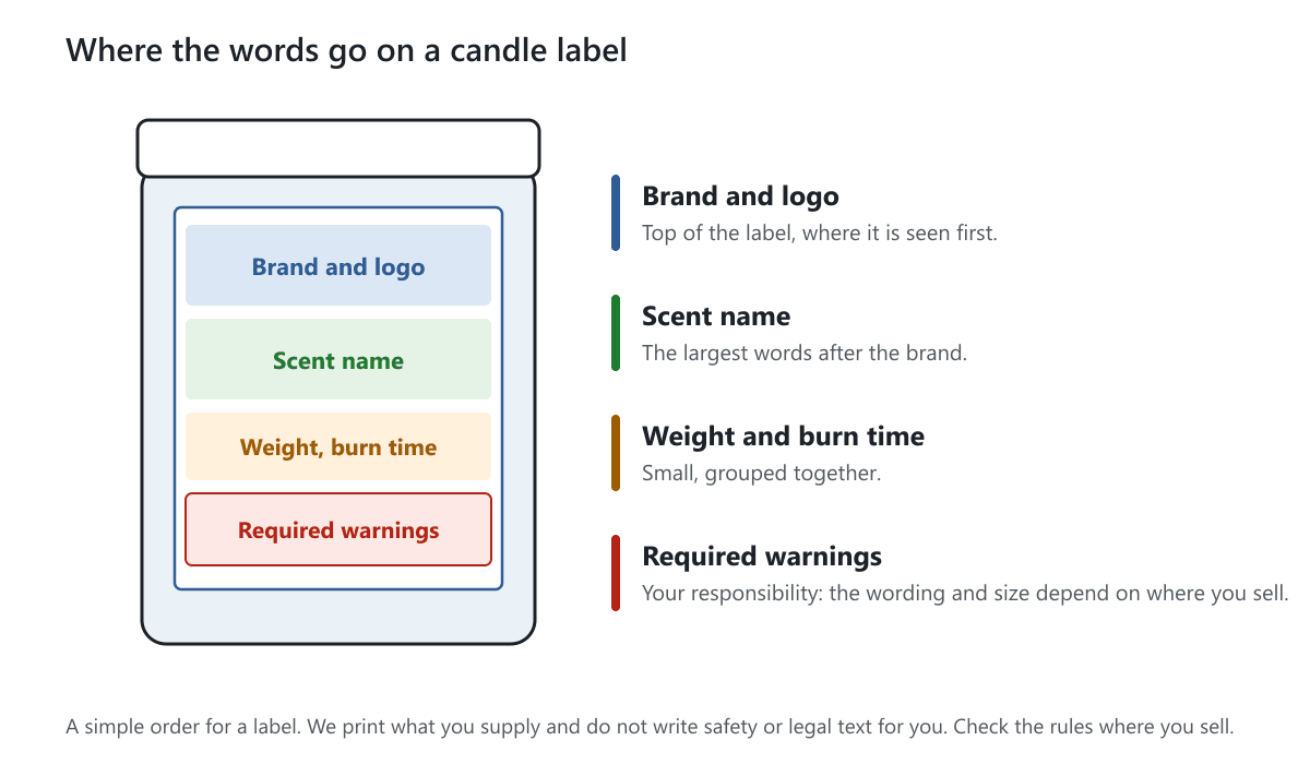 A candle jar with its label divided into zones for the brand, scent name, weight and burn time, and required warnings
