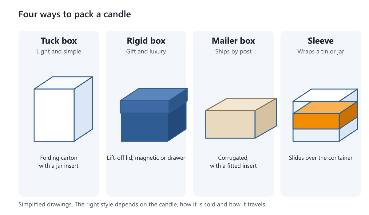 Four candle pack styles drawn side by side: a tuck box, a rigid box, a mailer box and a sleeve