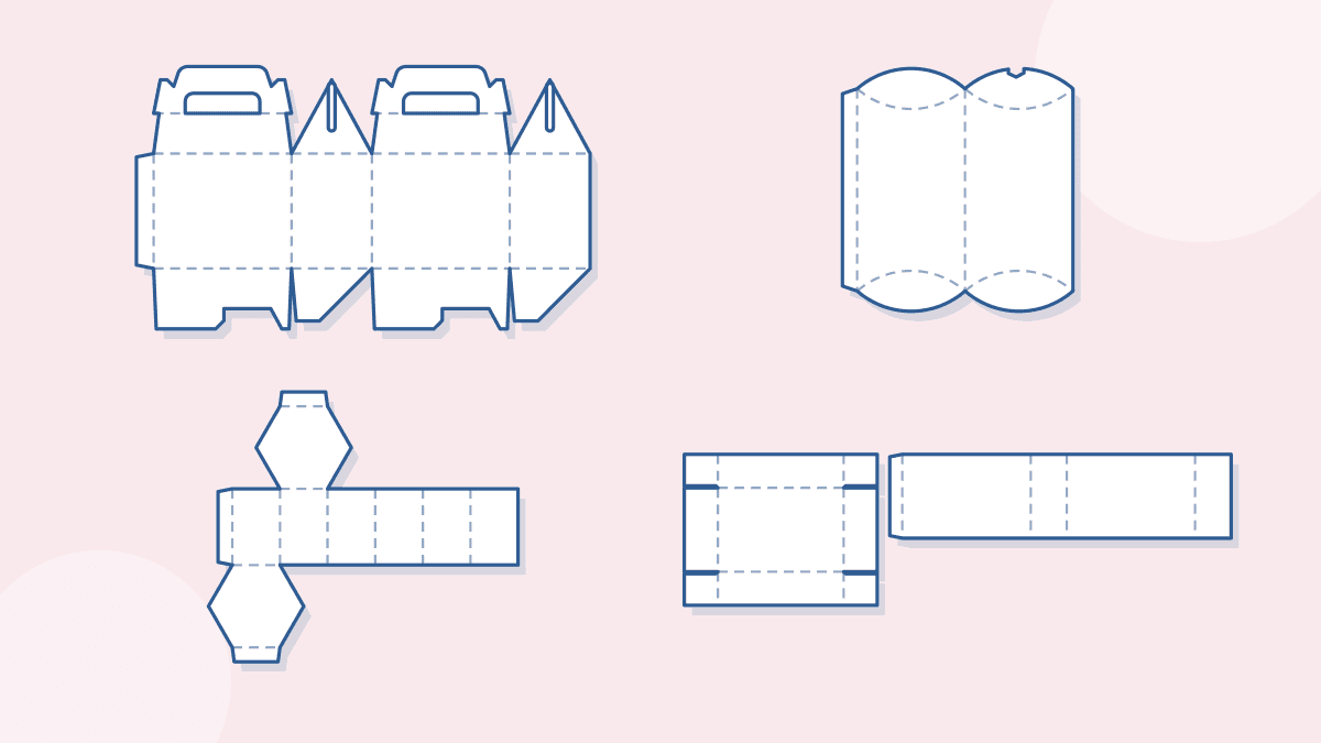 Four different flat box patterns: a gable box, a pillow box, a hexagonal box and a tray and sleeve box