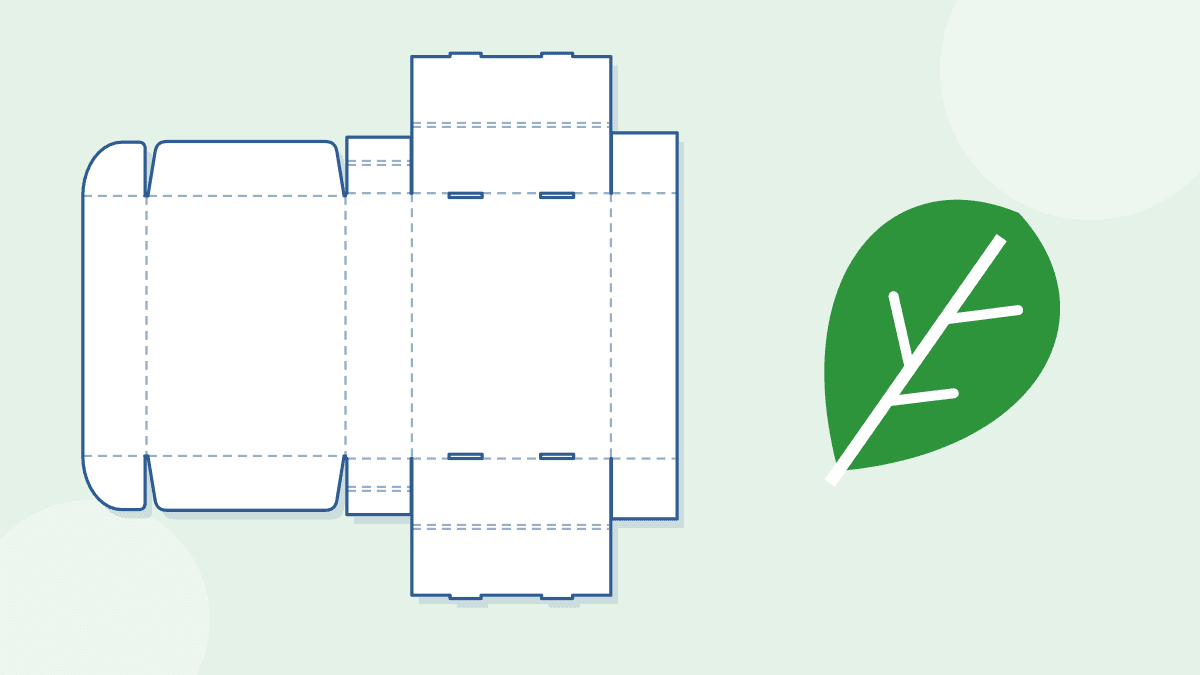 A flat mailer box pattern with a green leaf