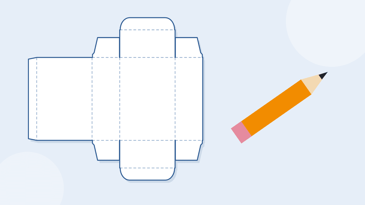 A flat box pattern with a pencil, for designing packaging for a new product