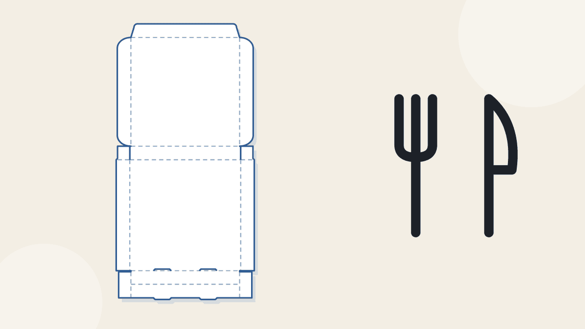 A flat pizza box pattern with a fork and knife