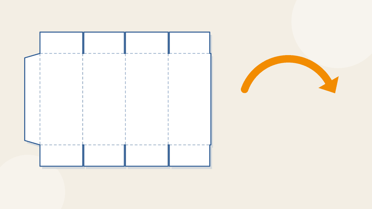 A flat cardboard box pattern with a curved arrow showing the fold