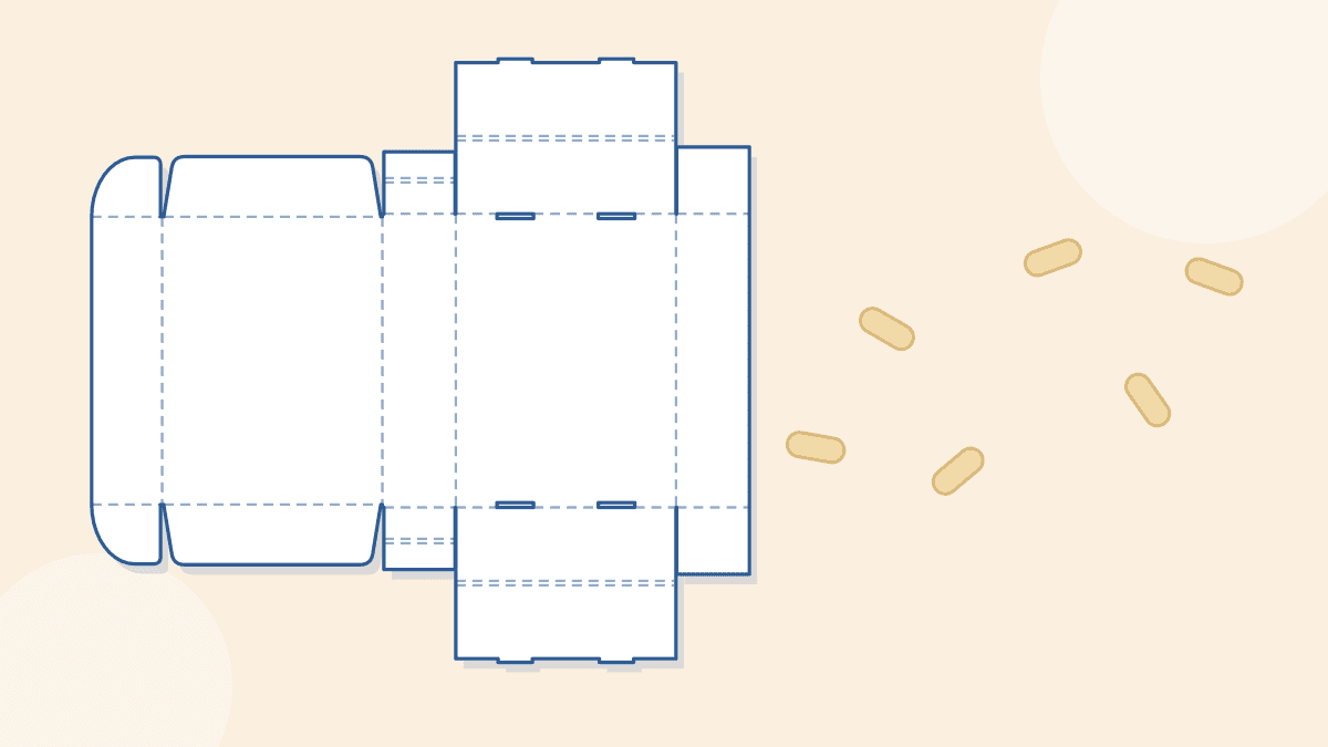 A flat mailer box pattern next to loose packing peanuts