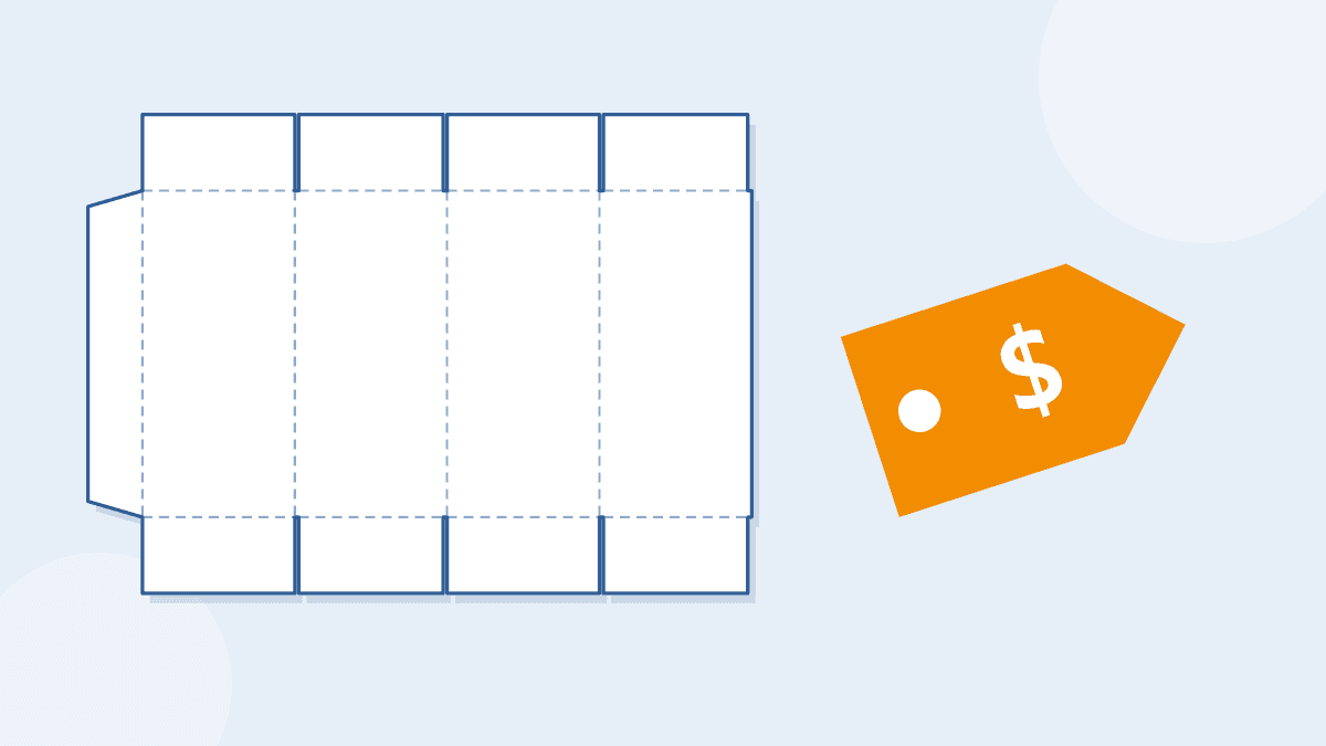 A flat shipping box pattern with a price tag, for packaging costs and product pricing