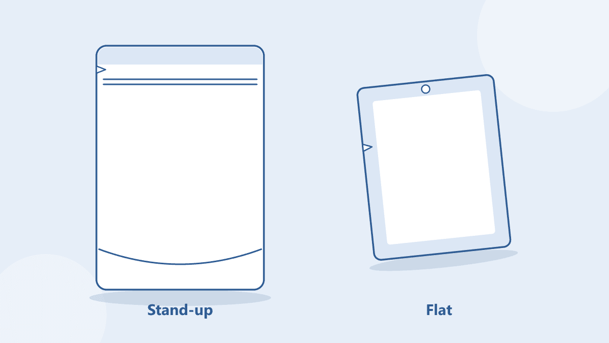 A drawn stand-up pouch with a zip beside a flat sealed pouch lying down, for a guide to choosing between them