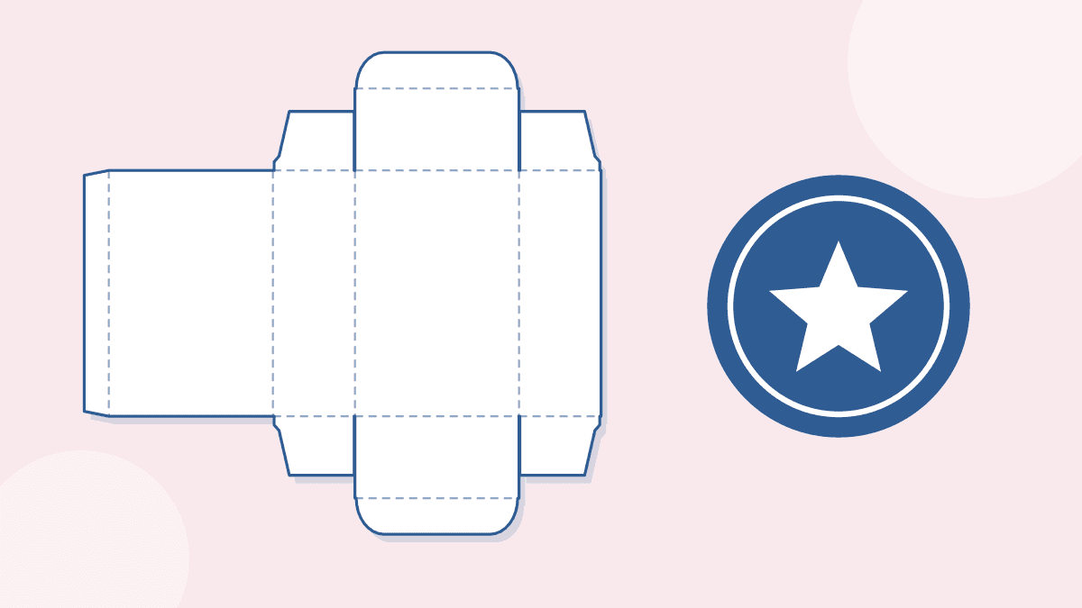 A flat tuck end box pattern with a brand badge