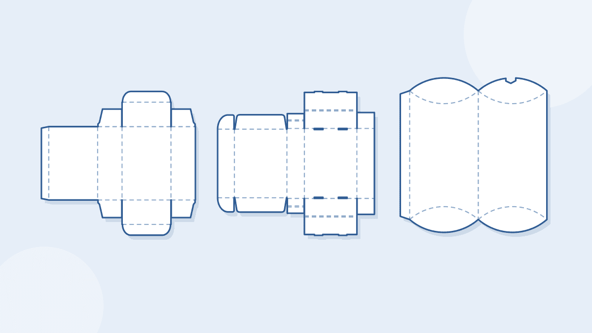 Three flat box patterns: a tuck end box, a mailer box and a pillow box
