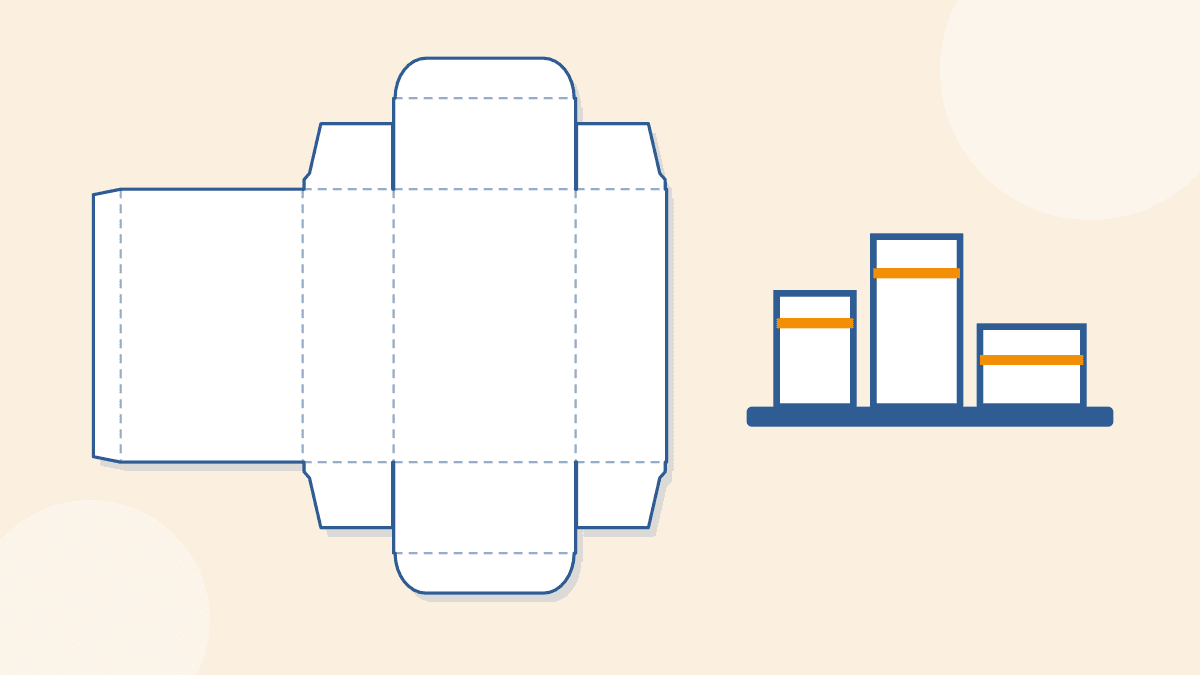 A flat tuck end box pattern next to boxes on a shelf