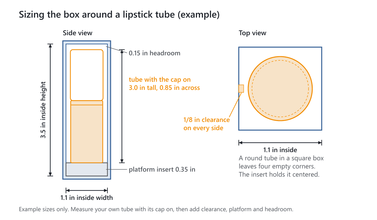 A lipstick tube standing on a platform insert in a tall box, with a top view showing the clearance around the tube