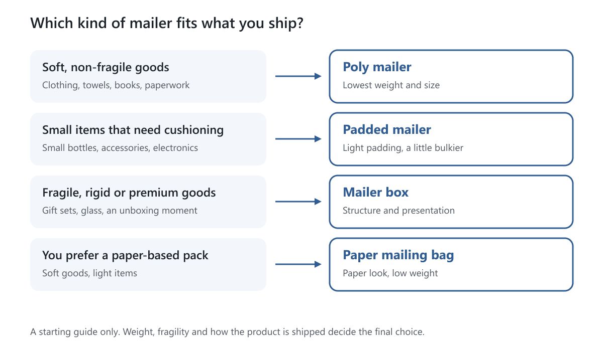 A chart that matches soft goods, small fragile items, rigid or premium items and paper-based preferences to the right type of mailer