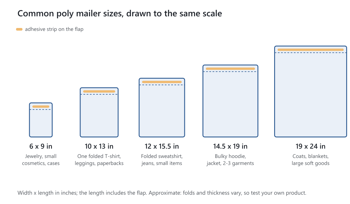 Five poly mailer sizes drawn to the same scale with the products that usually fit each one