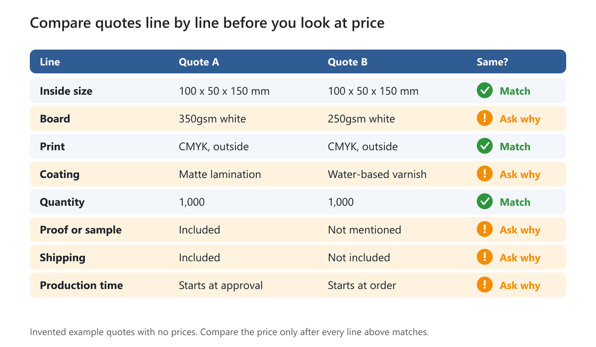 A table comparing two invented quotes line by line, with the rows that differ flagged: board, coating, proof, shipping and production time