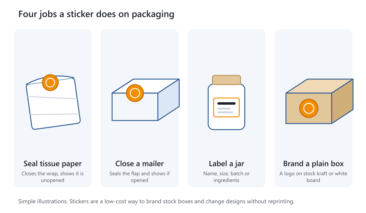 Four packaging uses for stickers: sealing a tissue paper wrap, closing a mailer box, a label on a jar and branding on a plain box