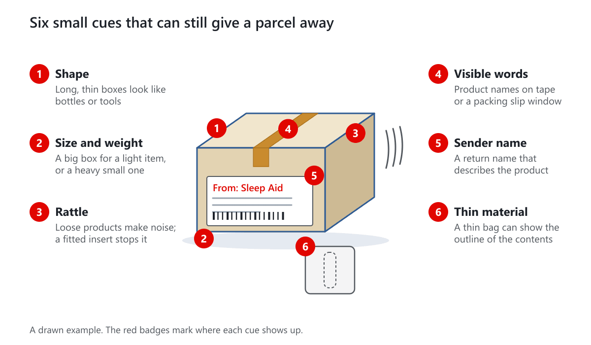 A plain box with six numbered cues that can give a parcel away: shape, size, rattle, words, sender name and thin bag