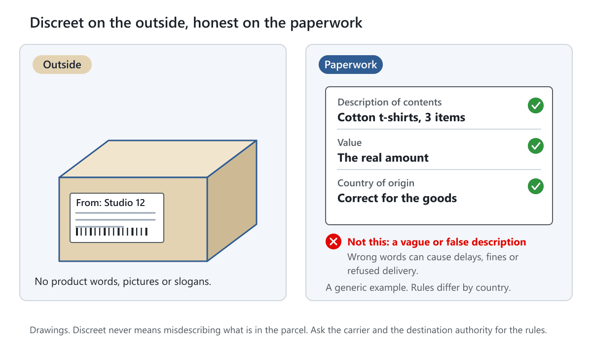 A plain parcel with a neutral label next to a customs form with an accurate description, value and country of origin