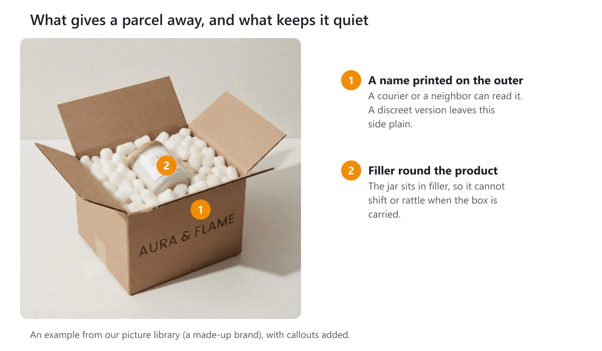 An open kraft shipping box with a printed name on the front and a candle jar held in white filler, with two callouts