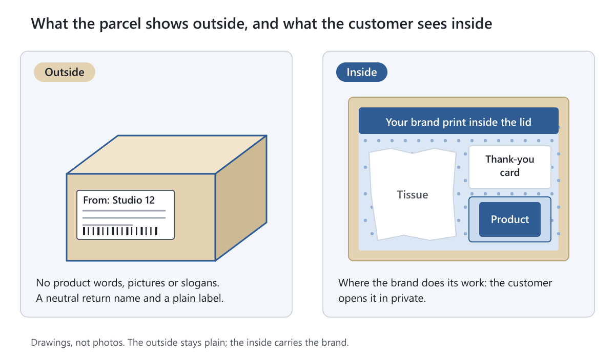 A plain closed box with a neutral label, and the same box open showing a printed lid, tissue, a card and the product