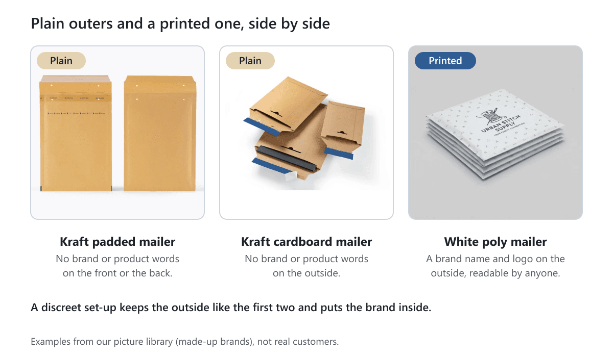 Plain kraft padded mailers, plain kraft cardboard mailers and a white poly mailer with a printed logo, side by side