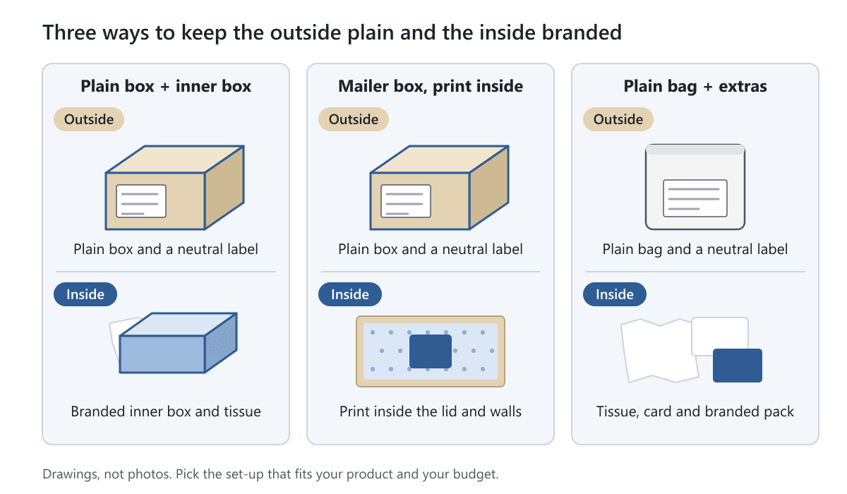 Three set-ups with a plain outside and a branded inside: a plain box, a mailer printed inside, and a bag with tissue