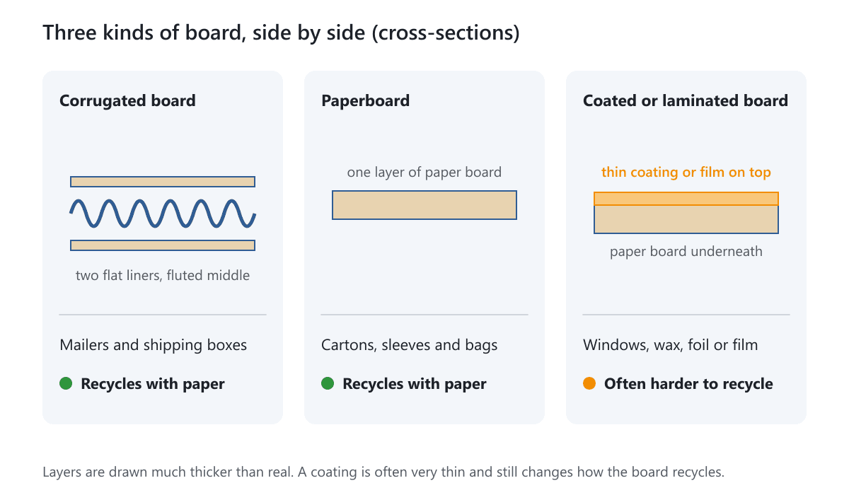 Cross-sections of corrugated board, paperboard and coated board with how each is usually recycled