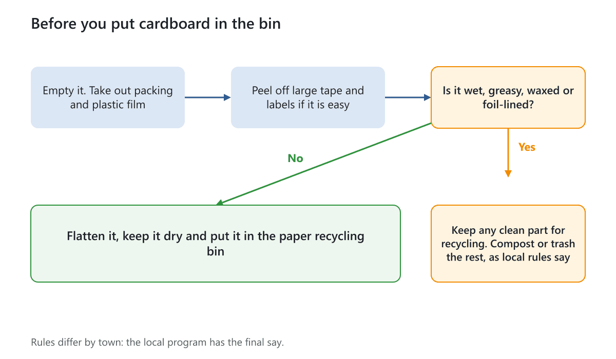 A flow chart showing steps to prepare cardboard for recycling and what to do if it is wet, greasy, waxed or foil-lined