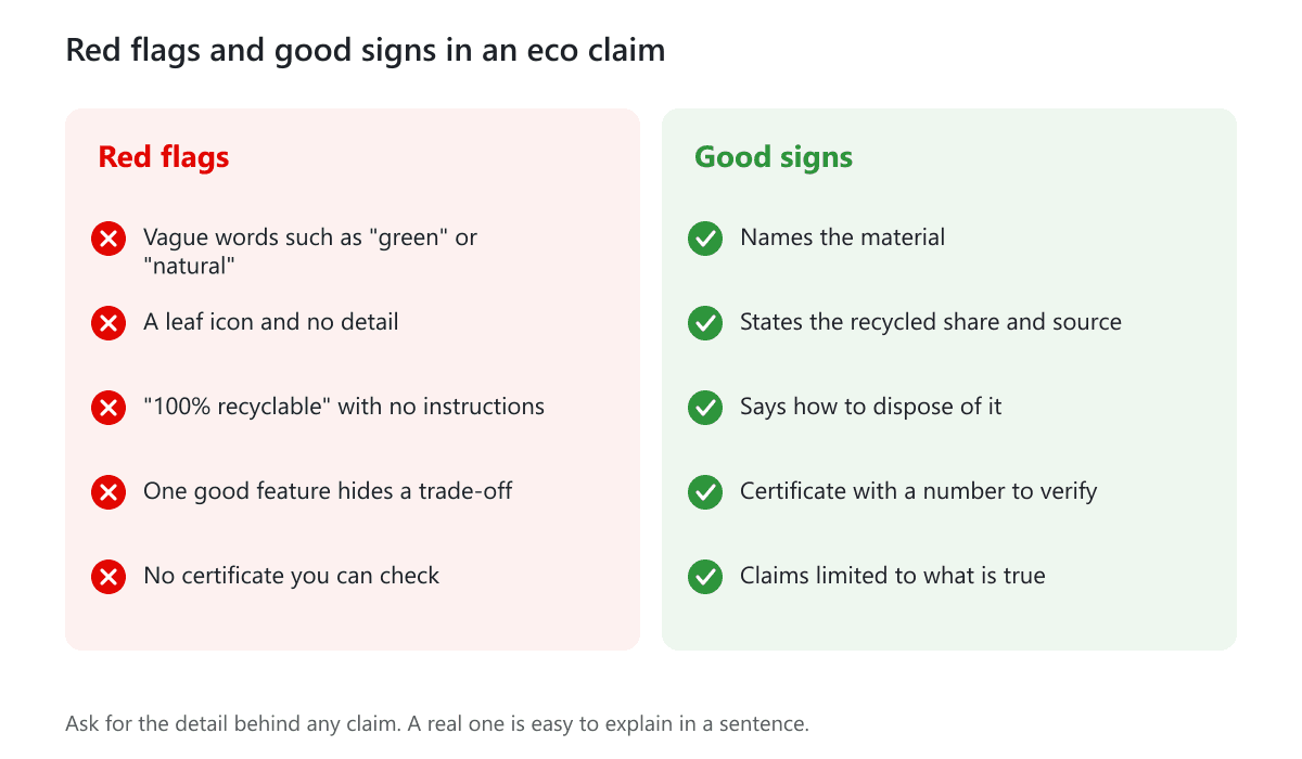 Two columns listing red flags and good signs in an eco-friendly packaging claim