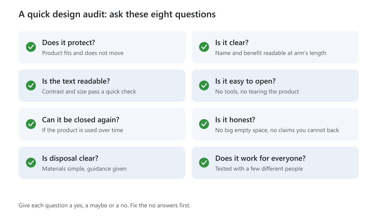 A checklist of eight questions to audit packaging design: protection, clarity, readable text, easy opening, closing again, honesty, disposal and accessibility