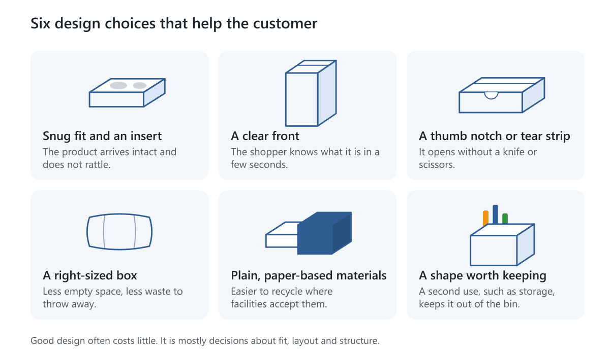 Six cards of design choices that help the customer: snug insert, clear front, thumb notch, right size, plain materials and a reusable shape