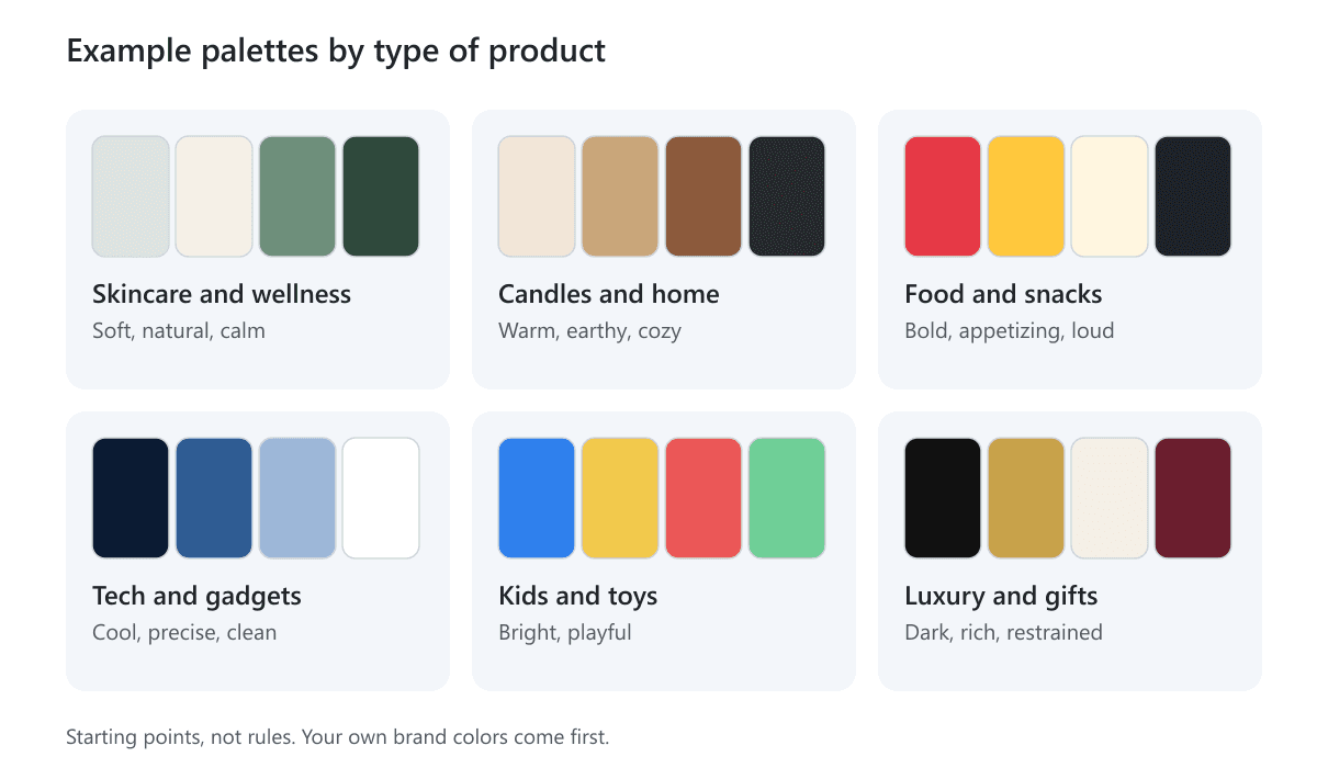 Six example color palettes for skincare, candles, food, tech, kids' products and luxury gifts