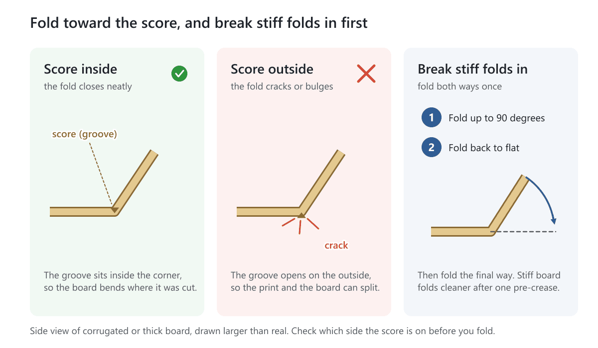 Side view of folded board: score inside the fold closes neatly, score outside cracks, and a stiff fold is broken in by folding both ways