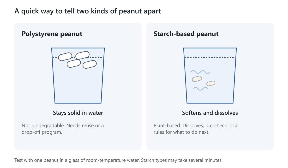 Two glasses of water, one with polystyrene peanuts floating intact and one with starch-based peanuts dissolving