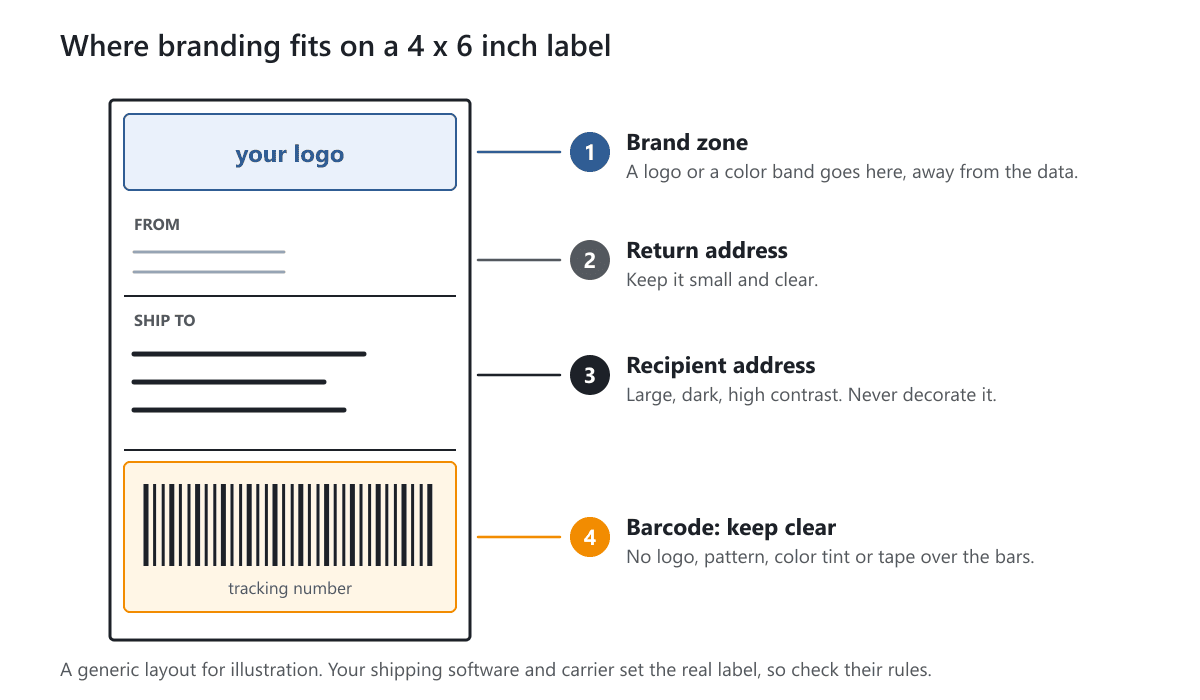 A 4 by 6 inch shipping label showing a brand zone at the top, the return address, the recipient address and a barcode area marked keep clear
