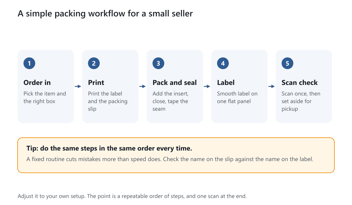 Five boxed steps: order in, print, pack and seal, label, scan check, with a tip to repeat the same steps in the same order