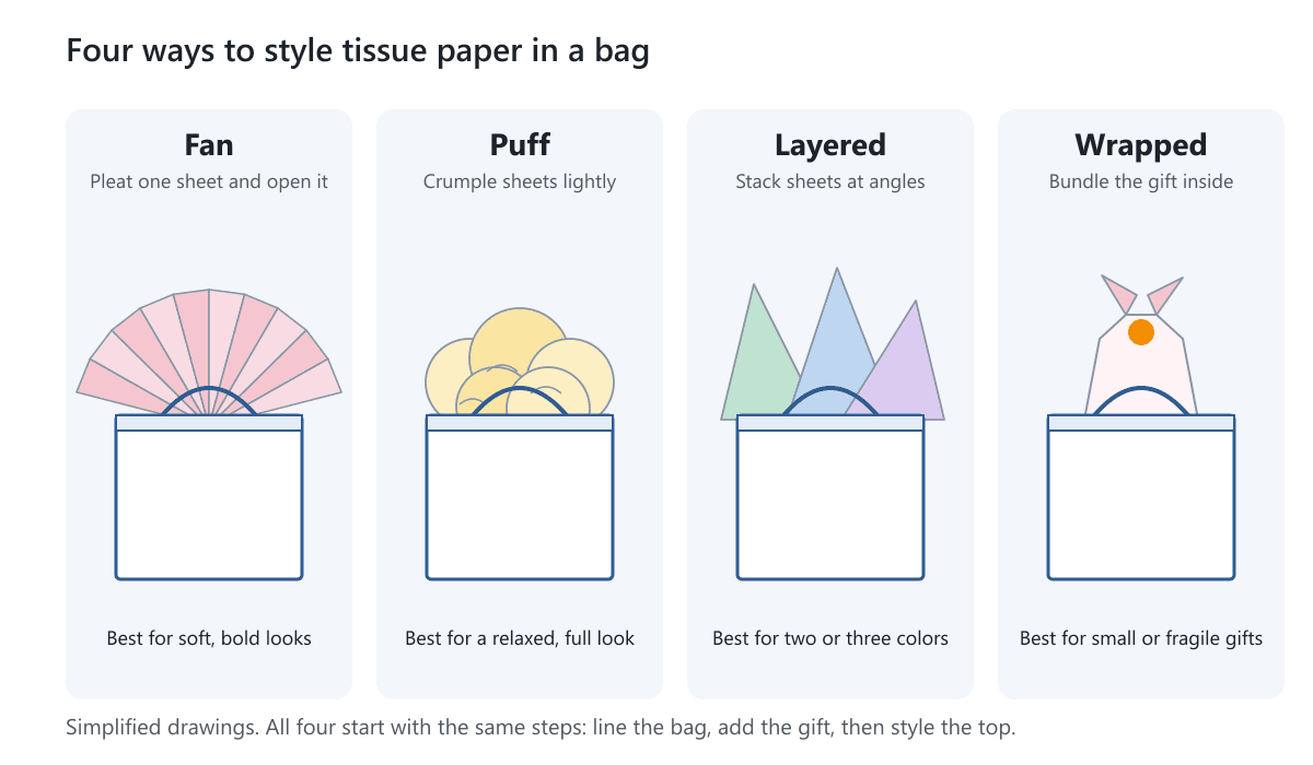 Four gift bags with tissue paper styled as a fan, a puff, layered corners and a wrapped bundle