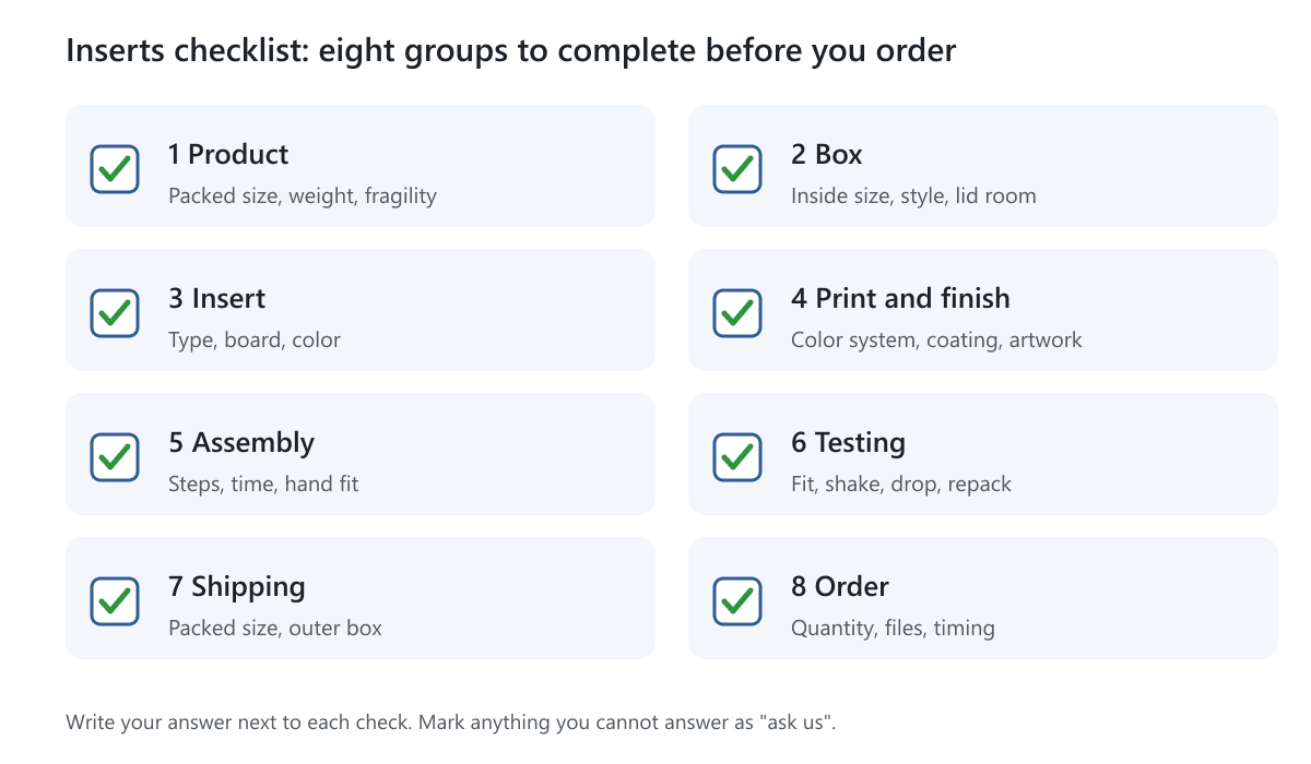 A checklist card listing the eight groups of checks to complete before ordering custom inserts