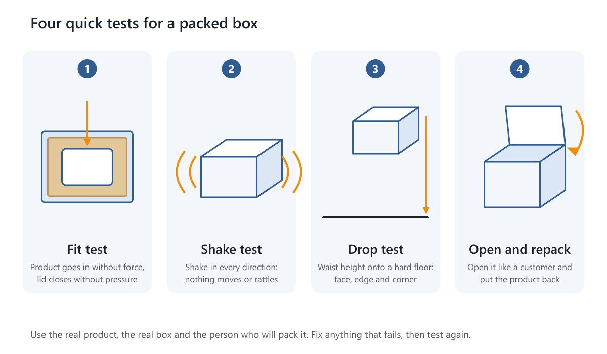 A four-step test flow for packed boxes: fit test, shake test, drop test and open-and-repack test