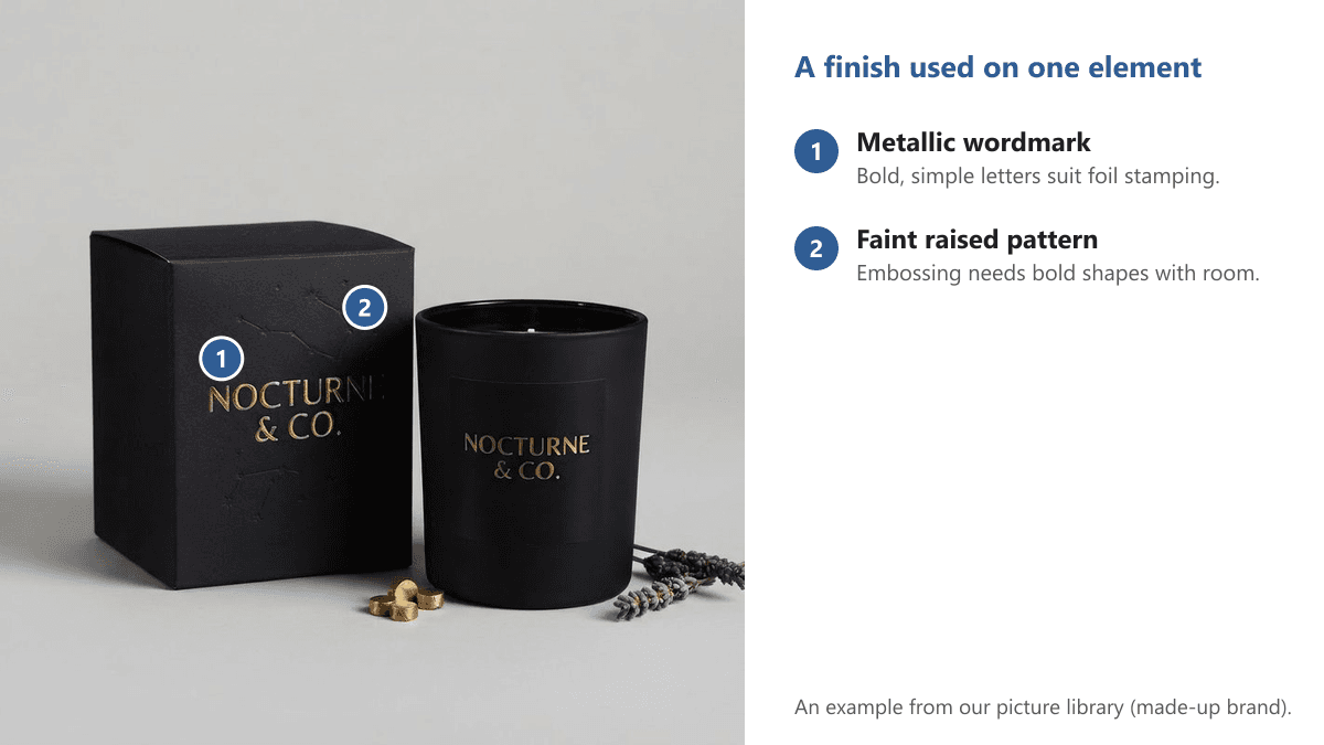 A black candle box with a metallic wordmark and a faint raised star pattern, numbered to show the foil-style lettering and the raised pattern