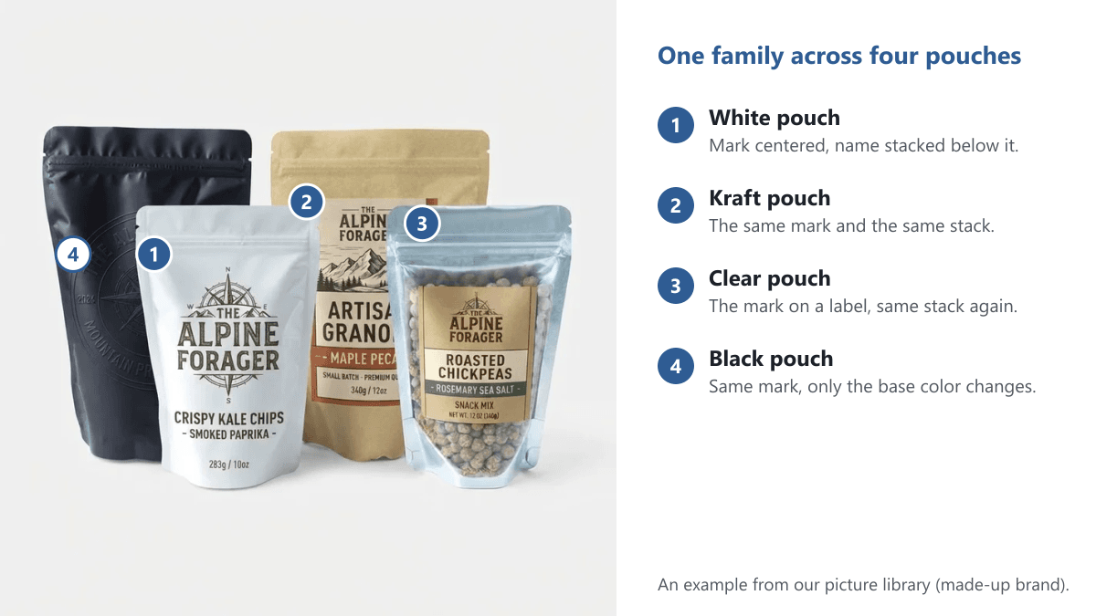 Four stand-up pouches in white, kraft, clear and black, numbered to show the same mark and stacked name repeated on each one