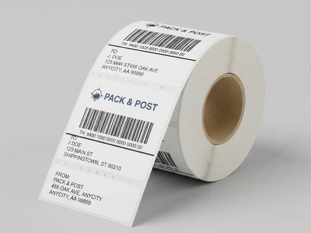 A roll of white thermal shipping labels printed with sample addresses and barcodes